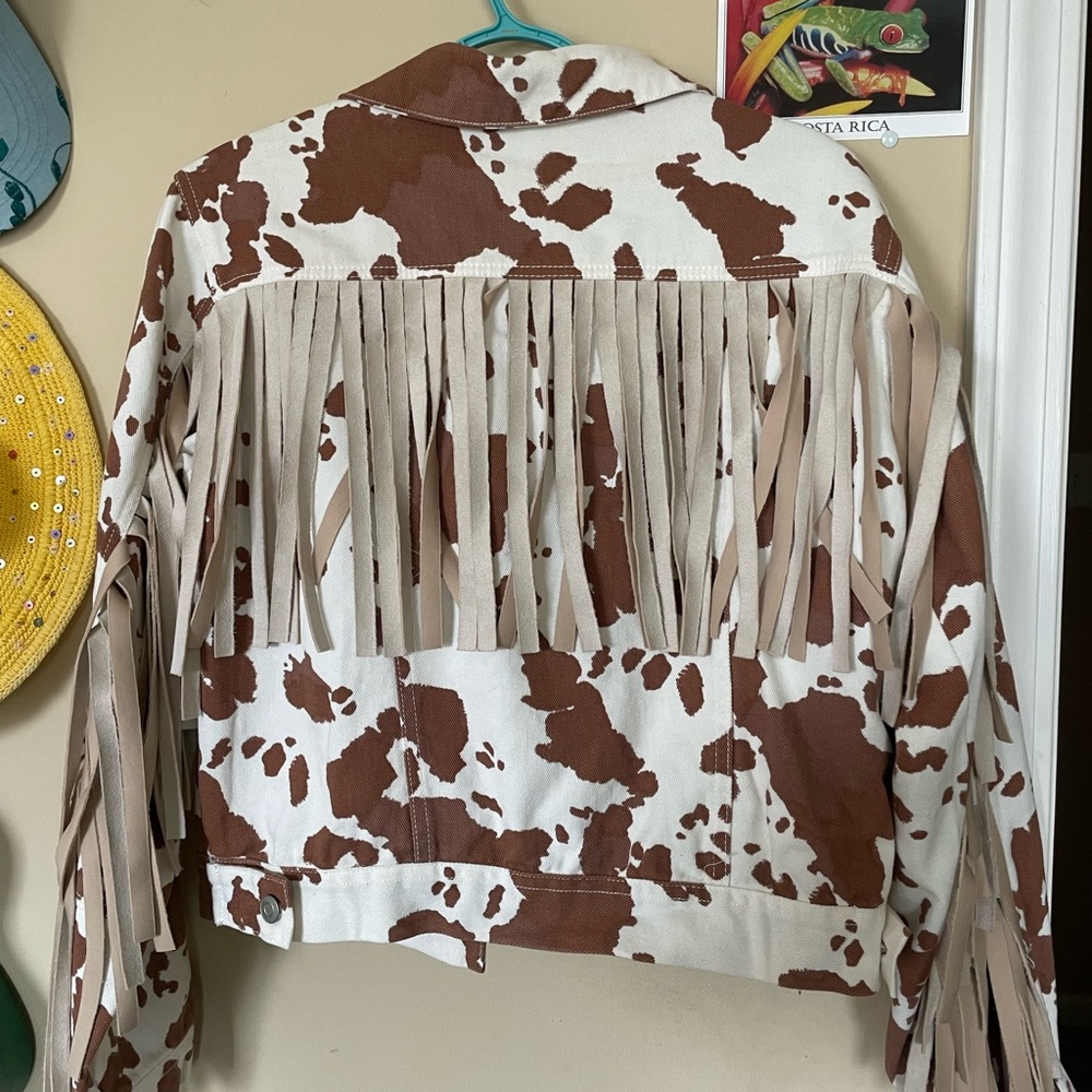 Brown cow print fringe denim jacket